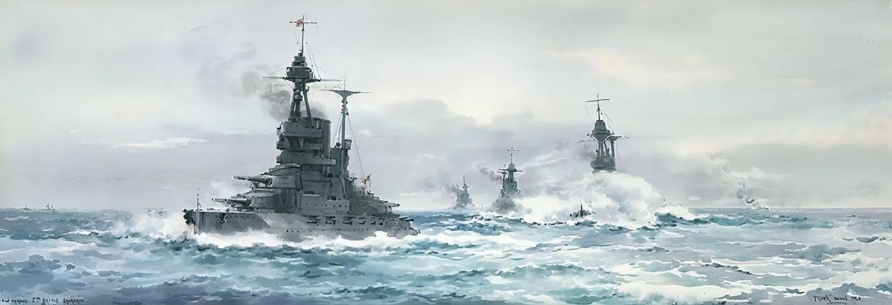Hạm đội Thiết giáp hạm số 5 dẫn đầu bởi soái hạm HMS Barham dưới sự chỉ huy của Evan-Thomas, theo sau lần lượt là HMS Valiant, Malaya, Warspite. Hải đoàn này được biên chế vào Hạm đội Thiết giáp tuần dương hạm của Beatty và tham gia bảo vệ hạm đội này khi bị Hạm đội Biển khơi Đức truy kích vào lúc 16 giờ 48 phút đến 18 giờ 10 phút ( giải đoạn "Truy kích về phía Bắc" của trận Jutland). (Tranh của William Leopold Wyllie)