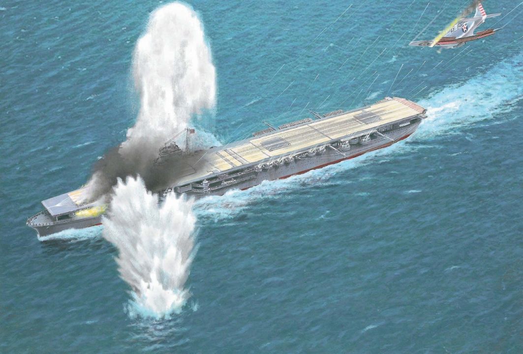 Chỉ một trong hai tàu sân bay của Lực lượng Tấn công Tàu sân bay MO bị máy bay Mỹ tấn công trong trận không chiến ngày 8 tháng 5 năm 1942. Cảnh này mô tả Shokaku giữa lúc đang hứng chịu đợt tấn công của các máy bay ném bom bổ nhào từ Yorktown. Phi đội VS-5 đã tiến hành đợt tấn công đầu tiên nhưng không đạt kết quả. Giờ đến lượt phi đội VB-5. Khi thuyền trưởng của Shokaku điều khiển con tàu cơ động né tránh ở tốc độ tối đa, các máy bay từ VB-5 vẫn ép góc bổ nhào xuống còn 2.000 feet trước khi thả bom. Cú đánh trúng đầu tiên xảy ra lúc 11 giờ 05 phút, khi một quả bom 1.000 pound đánh trúng sàn đáp ở phía trước mạn trái. Vụ nổ gây nên một đám cháy lớn đã rõ ràng thấy được. Trong nhóm những chiếc Dauntless cuối cùng của VB-5 có Trung úy John Powers, người quyết tâm giáng một đòn trúng đích vào con tàu sân bay Nhật đang cơ động điên cuồng. Trong lúc bổ nhào, máy bay của Powers bị pháo 20 mm từ một chiếc tiêm kích Type 0 bắn trúng, khiến cánh máy bay bốc cháy. Bất chấp điều đó, Powers vẫn tiếp tục bổ nhào xuống dưới 1.000 feet mới thả bom. Quả bom của ông đánh trúng nghiêm trọng mạn phải, ngay sát cấu trúc đảo, gây cháy dữ dội trên sàn đáp và boong chứa máy bay. Cú đánh này khiến Shokaku không thể tiếp tục hoạt động không quân và bị loại khỏi trận chiến. Powers cố gắng kéo máy bay lên ở độ cao 200 feet, nhưng không thành công và rơi xuống biển gần mục tiêu. Vì lòng quả cảm và quyết tâm phi thường, ông đã được truy tặng Huân chương Danh dự (Medal of Honor). (Tranh của John White)