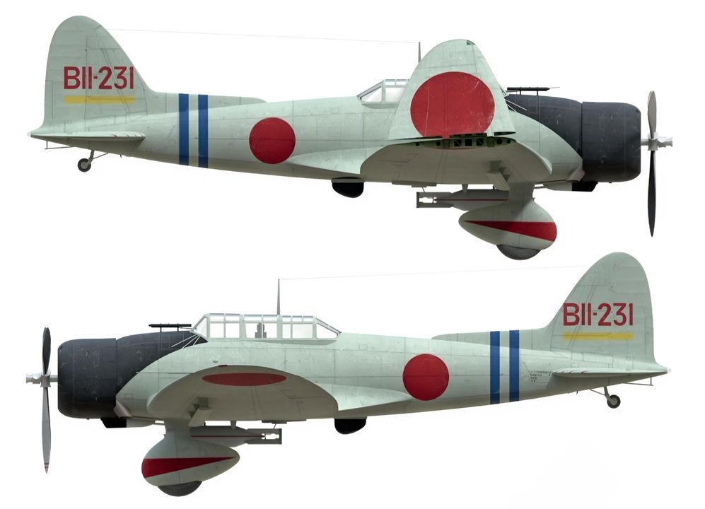 Máy bay ném bom bổ nhào Aichi D3A1, tên đầy đủ là <i>AICHI KYŪ KYŪ SHIKI KANJŌ BAKUGEKIKI ICHIICHI GATA</i> (愛知九九式艦上爆撃機一一型), được quân Đồng Minh đặt biệt danh là Val. Chiếc máy bay trong hình là chiếc máy bay của Kishichirō Yamada, theo sau là điện đài viên/xạ thủ là Keijirō Yoshikawa, có số mã đuôi là BII-231, thuộc lực lượng không kích của tàu sân bay Hirỹu vào Trân Châu Cảng vào ngày 7/12/1941.