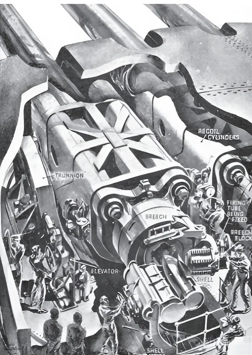 Một minh họa thời chiến cho thấy bên trong tháp pháo ba nòng 16 inch (406mm) trên thiết giáp hạm lớp Nelson. Đạn pháo và các gói thuốc phóng được vận chuyển tới các nòng pháo bằng ba thang nâng cơ khí, mỗi thang phục vụ một nòng. Bản thân tháp pháo được bảo vệ bằng lớp giáp dày tới 16 inch.