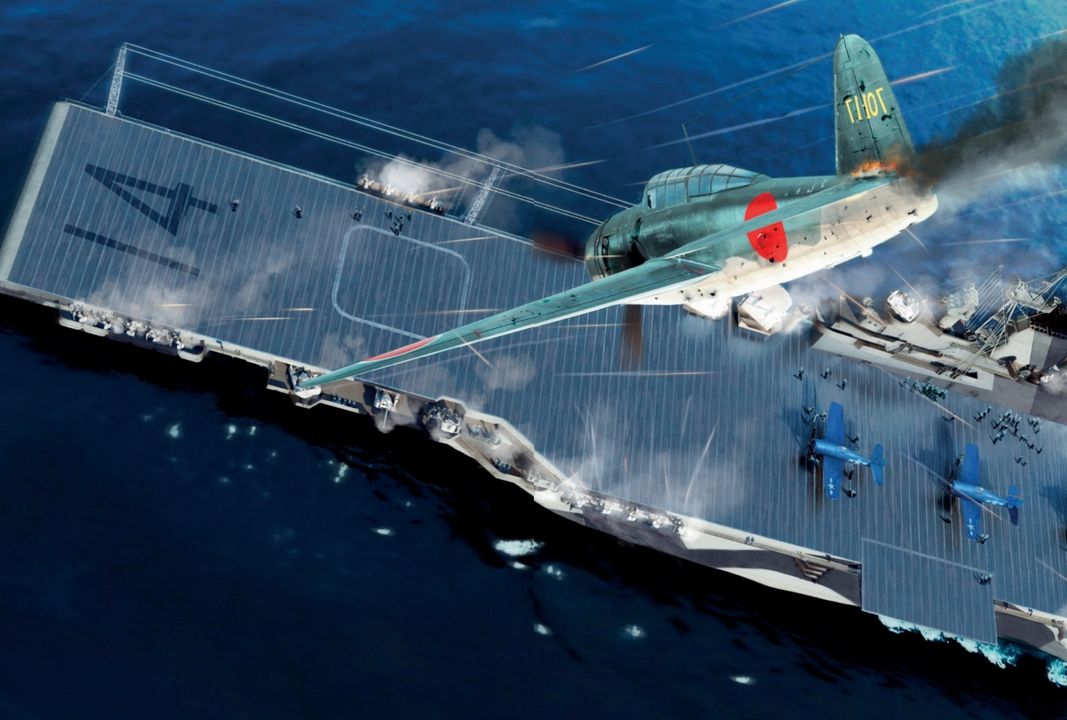 Ngày 21 tháng 1 năm 1945, Lực lượng đặc nhiệm 38 đã trở về Biển Philippines, dành một ngày cuối cùng để tấn công Đài Loan. Cuộc không kích bắt đầu từ trước bình minh và suốt buổi sáng họ đã oanh tạc cả các sân bay lẫn cảng Takao. Cuộc tấn công được tiến hành kỹ lưỡng: hơn 100 máy bay đã bị phá hủy trên mặt đất trong ngày hôm đó. Tuy nhiên, điều đó vẫn chưa đủ, vì trong “Tấm chắn xanh thẳm” (Big Blue Blanket) vẫn tồn tại những lỗ hổng. Hải quân Đế quốc Nhật đã điều động đơn vị Niitaka đến Đài Loan ngay trước ngày 21 tháng 1. Đơn vị này gồm các tình nguyện viên của Không đoàn Hải quân 221 (đơn vị tiêm kích) và Không đoàn Hải quân 765 (đơn vị ném bom) với có 20 chiếc cất cánh được để tấn công TF38: gồm 15 chiếc A6M và 5 chiếc D4Y3. Ticonderoga bị trúng hai đợt kamikaze: đợt đầu, một chiếc D4Y3 lao vào boong tàu bay, trúng thang nâng phía trước rồi xuyên xuống, phát nổ giữa boong tàu bay và boong chứa máy bay; đợt hai, một chiếc Zero đâm thẳng vào đảo chỉ huy, tạo ra một đám cháy xăng khổng lồ kéo dài nhiều giờ mới khống chế được. Bức minh họa cho thấy khoảnh khắc ngay trước khi chiếc kamikaze đầu tiên lao trúng. Phi công đã lợi dụng mây để tiếp cận Ticonderoga mà không bị phát hiện, rồi bổ nhào từ phía mặt trời, áp sát tàu sân bay trước khi pháo phòng không có thể bắn hạ. Chiếc D4Y3 Suisei mang theo một quả bom 250kg – đủ lớn để gây hư hại nhưng vẫn nhẹ để không làm giảm tốc độ của máy bay ném bom nhanh này. (Tranh của Irene Cano Rodriguez)