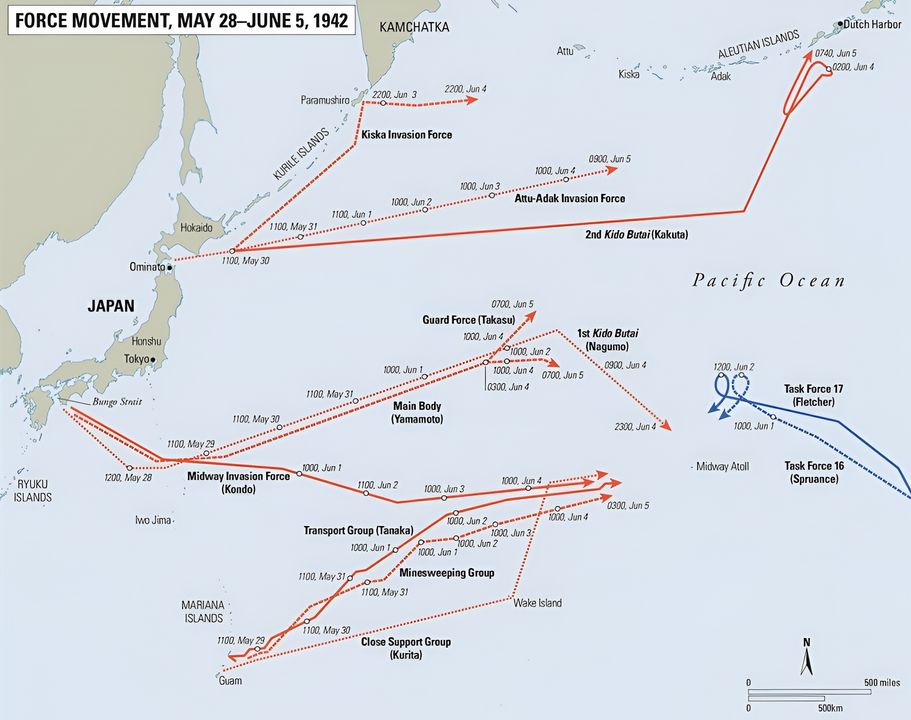 Hướng di chuyển của các lực lượng hải quân Mỹ và Nhật từ ngày 28 tháng 5 đến ngày 5 tháng 6.