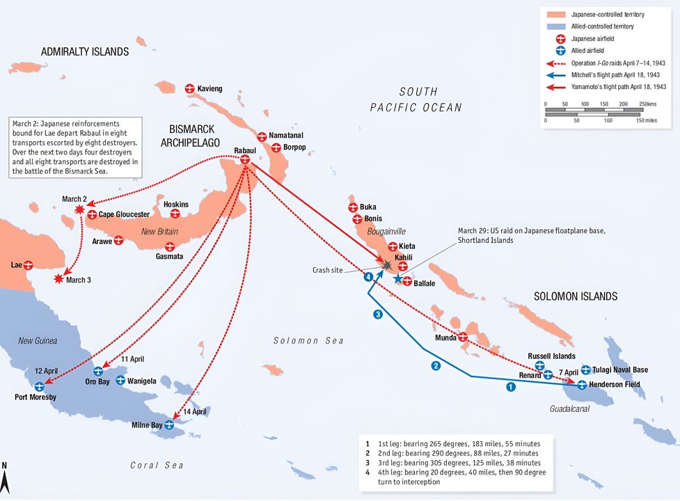 Bản đồ về các sự kiện vào tháng 3 - 4 năm 1943 tại vùng Nam Thái Bình Dương. Sau thất bại tại Guadalcanal, trọng tâm chiến lược của Nhật Bản được chuyển sang vùng trung tâm Solomon và New Guinea. Một dấu hiệu khác cho thấy vận mệnh Nhật Bản đang suy sụp xuất hiện trong Trận Biển Bismarck (ngày 2–4 tháng 3), khi các đợt không kích của Đồng minh đã tiêu diệt một đoàn vận tải đang tìm cách chuyển quân từ Rabaul tới Lae trên New Guinea. Nhằm đảo ngược thế bất lợi của Nhật Bản tại quần đảo Solomon, Yamamoto đã hoạch định một cuộc tấn công đường không quy mô lớn, đặt dưới quyền chỉ huy trực tiếp của chính ông, với mục tiêu đè bẹp sức mạnh ngày càng gia tăng của Đồng minh trong khu vực. Ông điều động các không đoàn của bốn tàu sân bay thuộc Hạm đội Liên hợp, tổng cộng khoảng 160 máy bay, tới Rabaul để phối hợp với 190 máy bay của Hạm đội Không quân số 11. Điều này nâng tổng lực lượng không quân Nhật Bản trong khu vực lên khoảng 350 máy bay. Cuộc tấn công đường không được đặt mật danh Chiến dịch I-Go hay I-Go Sakusen (い号作戦), bao gồm bốn đòn đánh chủ yếu nhằm vào các vị trí của Đồng minh tại Guadalcanal (7/4), Buna (11/4), Port Moresby (12/4) và Vịnh Milne (14/4). Các phi công Nhật Bản tuyên bố đạt được thành công lớn trước tàu thuyền và tiêm kích phòng thủ của Đồng minh. Trên thực tế, chiến dịch đạt được rất ít kết quả, trong khi tổn thất của Nhật Bản lại nặng nề hơn Đồng minh với việc mất 50 máy bay, cả trên đất liền lẫn từ tàu sân bay. Vào ngày 18 tháng 4, Yamato trong chuyến thăm thị sát các căn cứ đã bị tiêu diệt bởi nhóm máy bay P-38 xuất phát từ Guadalcanal - vốn là nơi mà ông nghĩ đã bị phá hủy trong Chiến dịch I-Go trước đó của mình.