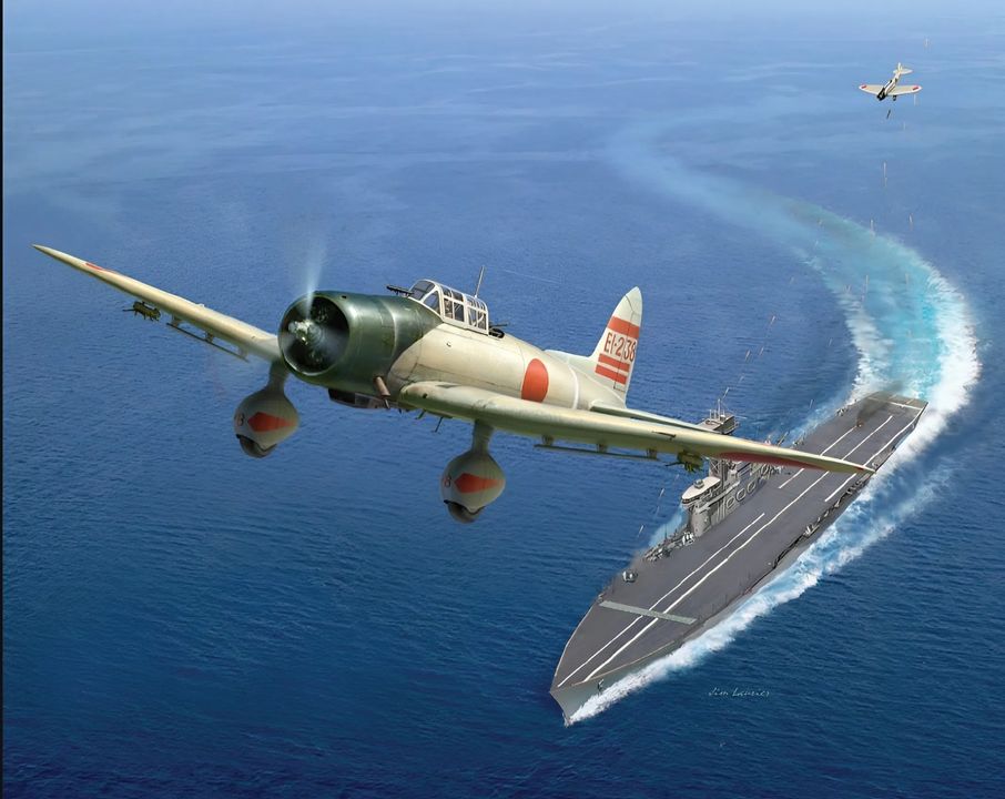 Lần đầu tiên trong lịch sử hải quân, một tàu sân bay bị đánh chìm bởi máy bay xuất phát từ tàu sân bay đối phương không phải diễn ra ở Thái Bình Dương trong những trận hải chiến giữa người Mỹ và người Nhật, mà là tại Ấn Độ Dương giữa người Anh và người Nhật. Sáng ngày 9 tháng 4, một máy bay trinh sát Nhật phát hiện tàu sân bay Hermes ở phía nam Trincomalee, với hộ tống chỉ là một tàu khu trục. Nagumo có sẵn năm phi đội máy bay bổ nhào Val chờ cho một tình huống như vậy. Chỉ hai giờ sau khi phát hiện tàu sân bay Anh, các máy bay bổ nhào Nhật bắt đầu cuộc tấn công của chúng. Những chiếc đầu tiên bổ nhào vào Hermes xuất phát từ tàu sân bay Shokaku, do Thiếu tá Takahashi chỉ huy. Điều kiện cho cuộc tấn công là rất thuận lợi, và Hermes là một mục tiêu khá chậm chạp, nặng nề, với khả năng phòng không hạn chế. Những gì diễn ra sau đó là một bài học hoàn hảo về nghệ thuật ném bom bổ nhào. Trong tổng số 45 quả bom được thả bởi phía Nhật, họ tuyên bố đạt 37 phát trúng đích. Điều này không hề phóng đại, vì sĩ quan cao cấp sống sót của Anh đã khai rằng tàu của ông bị trúng ít nhất 40 quả bom. Trong cảnh này, phi đội ném bom của tàu Shokaku đang bắt đầu cuộc tấn công vào Hermes. Chiếc Val của Takahashi đã vừa thả bom, và một máy bay bổ nhào khác phía sau cũng vừa thả bom của mình. Trong số 18 chiếc máy bay của phi đội, có 13 chiếc tuyên bố trúng mục tiêu. Hermes phản kích lại bằng hỏa lực pháo phòng không hỗn hợp cỡ 4 inch và loại nhẹ hơn, nhưng không chiếc máy bay Nhật nào bị bắn rơi. Sau khi các máy bay bổ nhào từ Shokaku hoàn tất đợt tấn công, những chiếc từ Zuikaku, Hiryu và Akagi tiếp tục dồn dập tấn công vào con tàu gần như không còn khả năng tự vệ. Trong vòng 15 phút, Hermes nghiêng về mạn trái và chìm. Trong số thủy thủ đoàn của Hermes, 302 người thiệt mạng ngay trong cuộc tấn công và thêm 4 người chết sau khi được cứu. Ít nhất 139 người bị thương, tổng cộng gây ra tổn thất rất nặng nề cho thủy thủ đoàn khoảng 790 người. (Tranh của Jim Laurier)