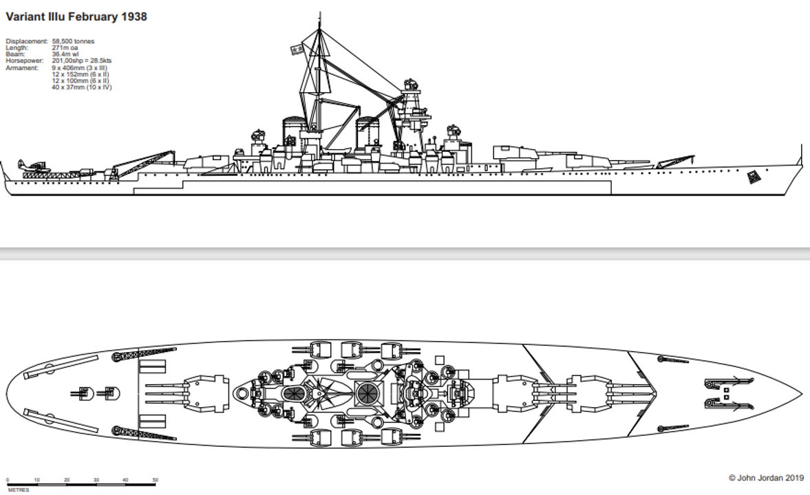 Hình 6: Biến thể IIIu – tháng 2 năm 1938: Nhiều đặc điểm của thiết kế gốc do KB-4 đề xuất vào tháng 11 năm 1936 vẫn còn hiện diện rõ rệt trong phương án này – đặc biệt là cách bố trí máy bay và hai tháp pháo 100mm trên boong đuôi tàu. Biến thể này vẫn giữ mười bệ pháo 37mm bốn nòng, nhưng hai trong số đó sẽ sớm bị loại bỏ nhằm giảm sự "quá tải" ở khu vực thượng tầng. (Bản vẽ của John Jordan, dựa theo Vasil’ev, tr. 44)