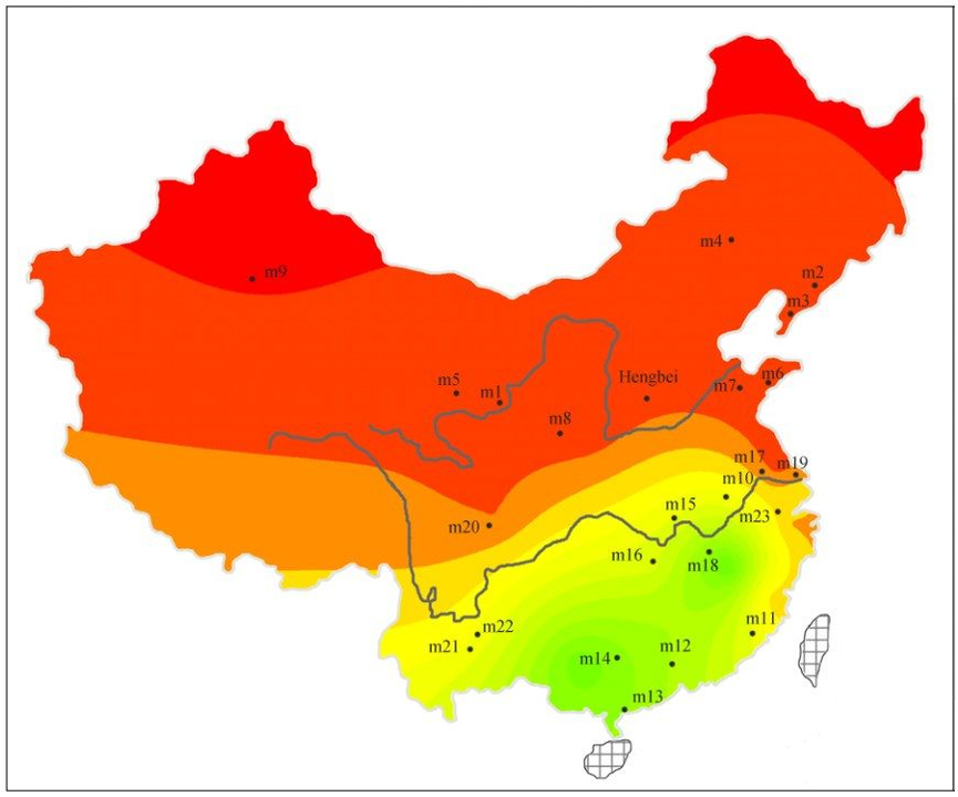 Hình 2: Nghiên cứu này cho thấy rất rõ sự khác biệt Bắc Nam, với mẫu cổ tại Hengbei thời nhà Chu so với người Hán hiện đại, màu đỏ là giống nhất, sau đó tới màu vàng và cuối cùng là màu xanh là khác nhất. Zhao YB, Zhang Y, Zhang QC, Li HJ, Cui YQ, Xu Z, Jin L, Zhou H, Zhu H. Ancient DNA reveals that the genetic structure of the northern Han Chinese was shaped prior to 3,000 years ago. PLoS One. 2015 May 4;10(5):e0125676. doi: 10.1371/journal.pone.0125676. PMID: 25938511; PMCID: PMC4418768.