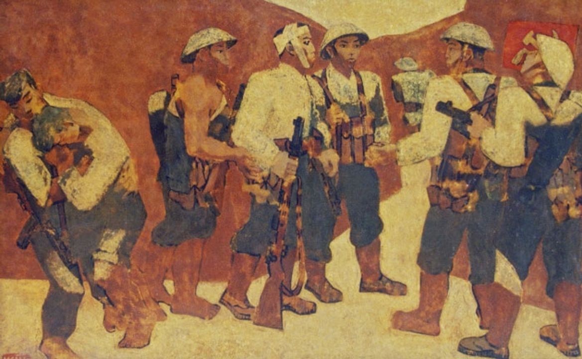 Bảo vật quốc gia<i>&nbsp;“Kết nạp Đảng ở Điện Biên Phủ”</i>&nbsp;của danh họa Nguyễn Sáng. Ảnh: Bảo tàng Mỹ thuật Việt Nam.