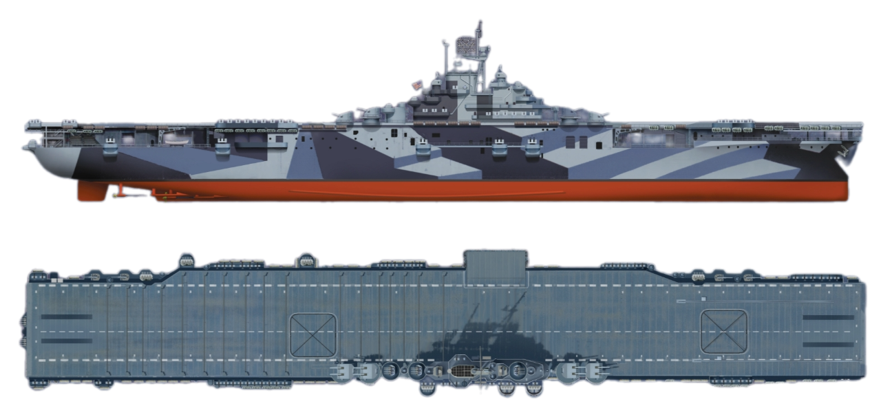  USS Intrepid (CV-11) vào tháng 11 năm 1944. Con tàu được sơn bằng kiểu ngụy trang độc đáo MS-32/3A dazzle, được Hải quân Mỹ áp dụng sau các nghiên cứu của Phòng Thí nghiệm Nghiên cứu Hải quân. Sử dụng sự pha trộn các họa tiết gây chói mắt trên những bề mặt thẳng đứng với các màu Light Gray (xám nhạt), Ocean Gray (xám biển) và Dull Black (đen xỉn), sơ đồ dazzle được áp dụng nhằm khiến kẻ địch khó ước lượng hướng đi, tốc độ và tầm xa của tàu. Mỗi tàu cũng có hoa văn dazzle riêng biệt để khiến đối phương khó nhận diện các lớp tàu khác nhau.