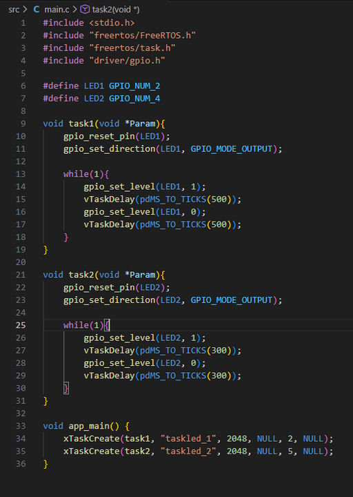 Chương trình code làm quen với kiểu task() runner của FreeRTOS