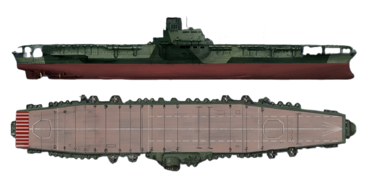 Shinano vào tháng 11 năm 1944. Thân tàu được sơn màu xanh kiểu chống tàu ngầm. Có thể nhận ra đường nét của thiết giáp hạm trong thiết kế thân tàu. Shinano có sàn bay và đảo chỉ huy lớn nhất trong số các tàu sân bay Nhật Bản. Trang bị của con tàu rất mạnh, gồm nhiều bệ pháo 25mm ba nòng, tám bệ pháo Type 89 hai nòng.