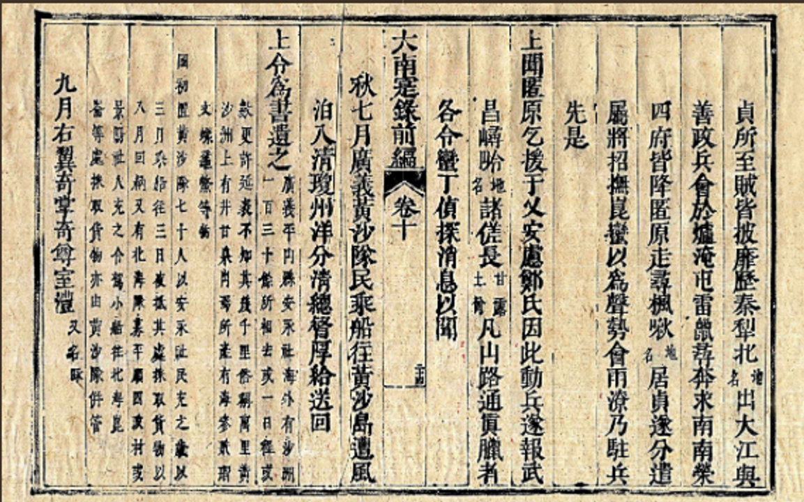 ộc bản sách Đại Nam thực lục tiền biên, quyển 10, mặt khắc 24 khắc về việc đội Hoàng Sa gồm 70 người dân xã An Vĩnh, huyện Bình Sơn, tỉnh Quảng Ngãi đi thuyền ra đảo Hoàng Sa tìm lượm hóa vật, năm Giáp Tuất (1754), đời chúa Nguyễn Phúc Khoát