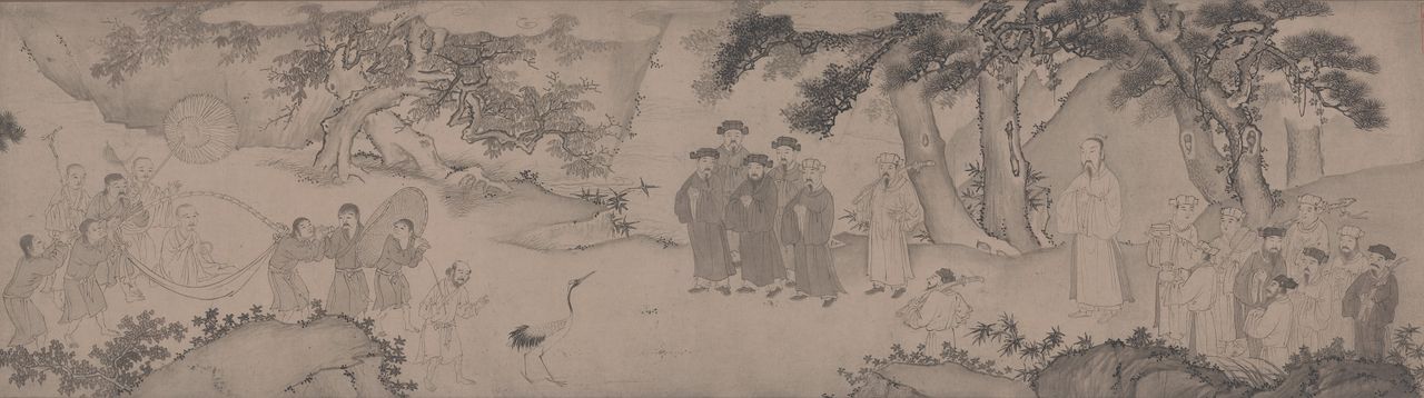 Vua Trần Anh tông nghênh đón Thái thượng hoàng Trần Nhân tông, một phần của bức "Trúc Lâm đại sĩ xuất sơn đồ"