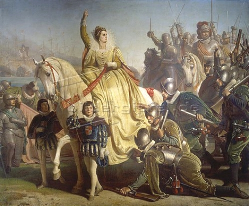 Bức vẽ minh họa quang cảnh Elizabeth I ban huấn từ cho binh sĩ