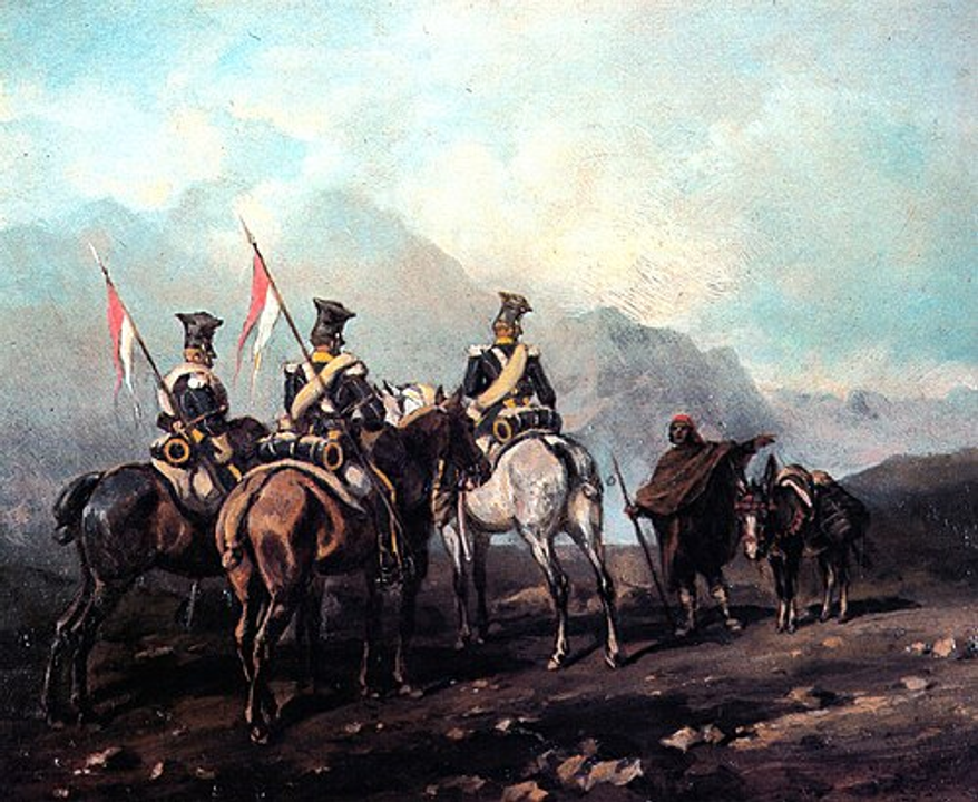 <i>Kỵ binh đánh giáo Ba Lan thuộc </i><a href="https://en.wikipedia.org/wiki/Legion_of_the_Vistula"><i>Quân đoàn Vistula</i></a><i> đang tuần tra</i>