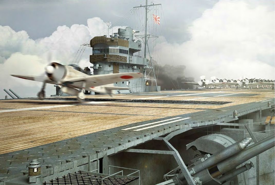 Trong khi người Mỹ đang chuẩn bị cho đợt tấn công của mình, Nagumo nhận được thông tin mang tính quyết định. Một trong các máy bay tấn công từ Shokaku đã phát hiện một tàu sân bay Mỹ ở hướng đông–đông nam, chỉ cách 210 dặm. Phi công của chiếc máy bay này lần đầu nhìn thấy mục tiêu lúc 06 giờ 12 phút, nhưng phải mất thêm thời gian để xác nhận sự hiện diện của tàu sân bay, và khi gửi báo cáo, anh ta lại dùng sai mật hiệu. Tuy nhiên, khi Nagumo nhận được báo cáo lúc 06 giờ 58 phút rằng có tàu sân bay địch hiện diện, ông không hề chần chừ. Ông ra lệnh phóng ngay đợt tấn công thứ nhất. Ông cũng cho chiếc máy bay trinh sát Yokosuka D4Y1-C Type 2 duy nhất (sau này được Đồng minh đặt mật danh “Judy”) bay đi xác nhận lại việc phát hiện. Đợt xuất kích của Nhật bắt đầu phóng lúc 07 giờ 10 phút. Đợt này do Thiếu tá Murata Shigeharu thuộc Shokaku chỉ huy. Từ Shokaku cất cánh 4 tiêm kích và 20 máy bay cường kích mang ngư lôi. Từ Zuikaku, bắt đầu lúc 07 giờ 25 phút, có tám tiêm kích, 21 máy bay ném bom (một chiếc buộc phải quay lại) và một máy bay tấn công không mang ngư lôi được giao nhiệm vụ bám theo lực lượng tàu sân bay Mỹ. Tàu sân bay hạng nhẹ Zuiho đóng góp chín tiêm kích và một máy bay tấn công khác làm nhiệm vụ “bóng đuôi”. Đến 07 giờ 30 phút, Murata hướng xuống phía đông nam. Tổng lực lượng tấn công của Nhật gồm 21 tiêm kích, 21 máy bay ném bom hạm đội mang bom 550 pound, và 22 máy bay cường kích (chỉ có 20 chiếc mang ngư lôi).