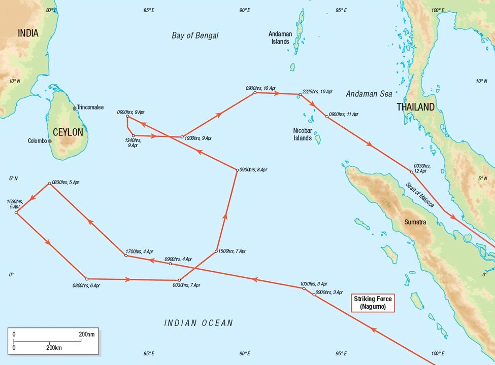 Lộ trình của Kido Butai trong cuộc tập kích Ấn Độ Dương từ ngày 3 - 12 tháng 4 năm 1942.