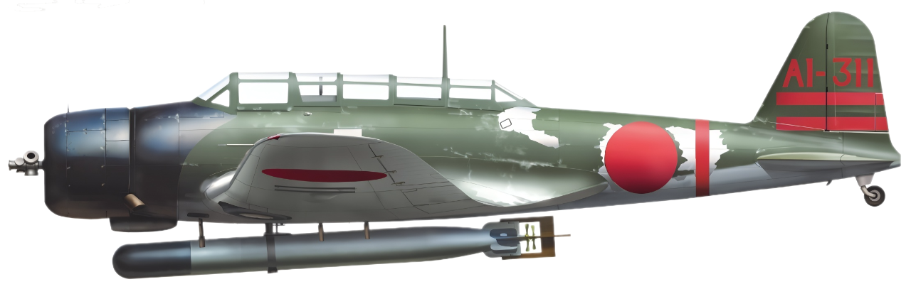 Máy bay B5N2 ‘AI-311’ do Thiếu tá Shigeharu Murata điều khiển thuộc tàu sân bay Akagi vào tháng 12 năm 1941. Dù đã bị coi là lỗi thời vào năm 1942, Nakajima B5N “Kate” vẫn đóng vai trò chính trong việc đánh chìm các tàu sân bay Lexington, Yorktown và Hornet.