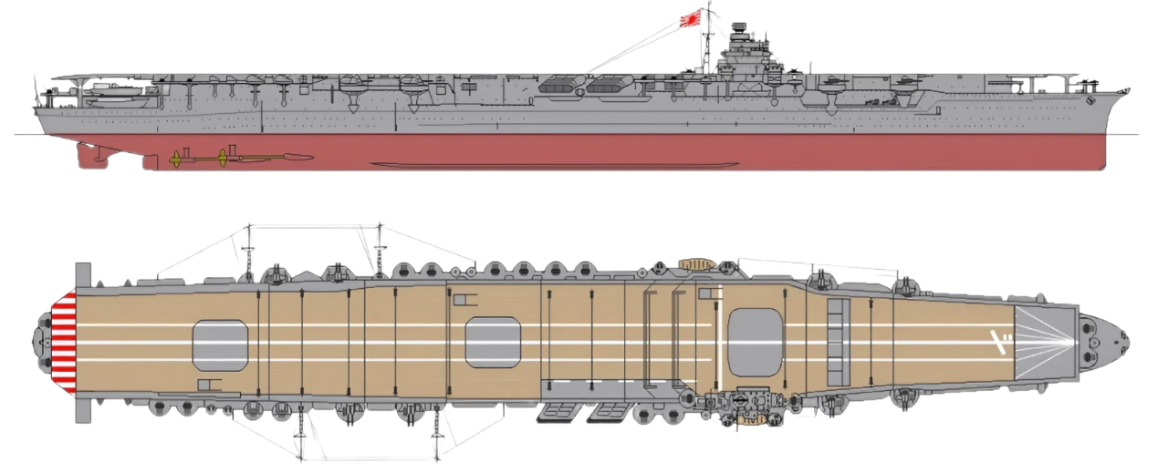 Tàu sân bay Shokaku vào tháng 10 năm 1942. Ở phần sàn bay gần mũi tàu có in chữ katakana "シ". Lớp tàu được trang bị bốn bộ điều khiển hỏa lực Type 94 để quản lý các khẩu pháo 5 inch, mỗi cặp được trang bị một bộ điều khiển hỏa lực, do bộ điều khiển trên đảo pháo kiểm soát, có thể thay thế và điều khiển tất cả cùng một lúc. Cuối 1942, cả hai tàu Shokaku và Zuikaku đều được trang bị thêm bốn khẩu 25mm Type 96 ba nòng  và một radar Type 1 2-go: Hai khẩu được lắp ở mũi và đuôi tàu, mỗi khẩu ở phía trước và phía sau đảo như ở hình trên.