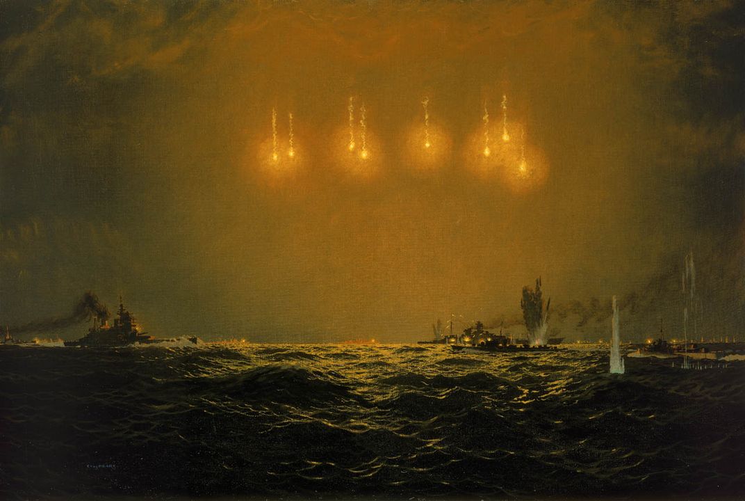 Thời điểm trong bức tranh được mô tả là khoảng 18 giờ 49 phút tối, và tàu Scharnhorst xuất hiện ở trung cảnh bên phải, được nhìn thấy từ góc mạn phải. Ba vụ nổ đạn pháo có thể thấy trên thân tàu, và một quả ngư lôi đang phát nổ ở mũi tàu, được phóng ra từ khu trục hạm Scorpion, đang hiện diện phía gần người xem hơn so với Scharnhorst, nhìn từ mạn trái, bám theo tàu Sword. Bên trái bức tranh, thiết giáp hạm Duke of York đang tiến tới, nhìn từ góc mũi phải, nước bắn tung khi thân tàu rẽ sóng, theo sau là tàu Jamaica. Ở giữa hậu cảnh, ta có thể thấy một phần của tàu Belfast và phía trước nó là Sheffield và Norfolk, đang nổ súng. Ở hậu cảnh bên phải, các tàu khác như Savage và Saumarez cũng đang khai hỏa. Tàu ở xa nhất, chính giữa đường chân trời, hoàn toàn được chiếu sáng, nổi bật trên nền trời, còn các tàu ở tiền cảnh hơn lại hiện lên như những bóng đen. Bầu trời được chiếu sáng bởi tám quả đạn pháo chiếu sáng (star shell). Ánh sáng từ chúng làm nổi bật các chi tiết trên tàu và phản chiếu ánh sáng xuống mặt biển bên dưới các vụ nổ. Ở tiền cảnh bên phải, có thể thấy những vụ nổ pháo khi đạn rơi xuống nước, tạo thành các vệt bắn tung tóe. Lửa đạn vạch đường (tracer fire) xuất hiện quanh Scharnhorst, và khói đang bay lên từ cả Scharnhorst lẫn Belfast ở phía trái. ( Tranh của Charles Pears)