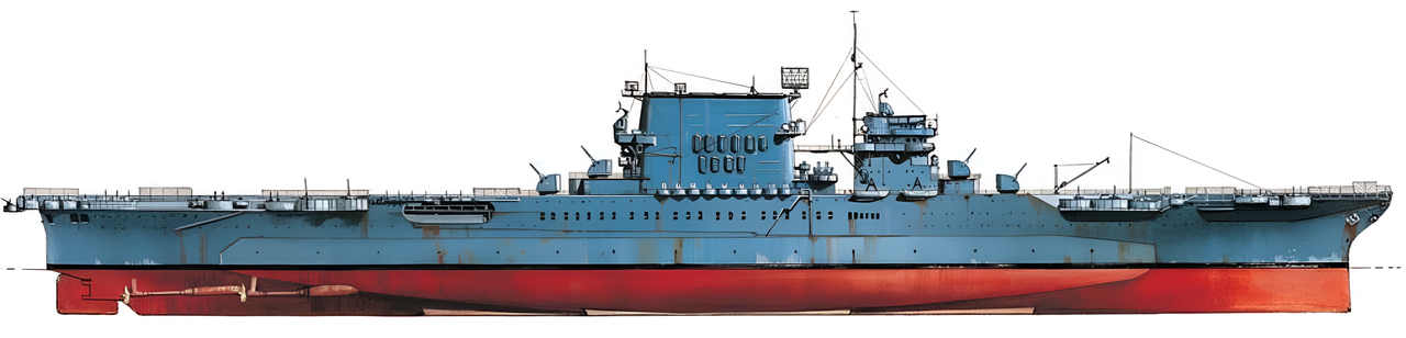 Saratoga trong diện mạo giữa chiến tranh. Các bệ pháo 8 inch đã được thay thế bằng pháo nòng đôi 5 inch/38 cal. Pháo 5 inch/25 cal thời tiền chiến cũng bị loại bỏ. Súng máy trước chiến tranh được thay bằng một số lượng lớn pháo 20mm và 40mm.