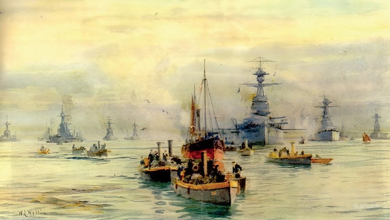 Hạm đội thiết giáp hạm của Đại Hạm đội tại neo trong khu neo chính Scapa Flow. Ở tiền cảnh là những xuồng cảnh giới nhỏ và xuồng của tàu chiến thường xuyên qua lại trong vùng neo, cùng một tàu lưới kéo, một trong nhiều chiếc được trưng dụng để vận chuyển tiếp tế cho hạm đội hoặc phục vụ vận hành các hàng rào nổi và lưới chống ngư lôi của Scapa Flow. (tranh của William L. Wyllie)