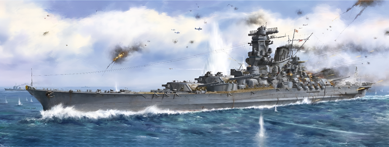 Lúc 12 giờ 34 phút, hai tháp pháo 18,1 inch phía trước của Yamato bắt đầu bắn đạn Sanshikidan. Một phút sau, toàn bộ hỏa lực phòng không của Yamato đồng loạt khai hỏa —9 khẩu pháo 18,1 inch, 24 khẩu 127mm, và 152 khẩu pháo 25mm. Theo mọi ghi nhận, hỏa lực phòng không Nhật Bản dày đặc và cực kỳ rực rỡ về mặt thị giác. Các máy bay Helldiver và Avenger của Mỹ đáp trả bằng cách rải “Window” — hàng nghìn dải nhôm dài 18 inch — nhằm gây nhiễu radar điều khiển hỏa lực của Nhật. Yamato đang cơ động gắt ở tốc độ sườn 27 hải lý/giờ, thì vào lúc 12 giờ 40 phút, bốn chiếc Helldiver của VB-82 từ tàu sân bay Bennington đánh trúng hai quả bom 1.000 lb gần cột buồm chính. Quả bom thứ nhất phát nổ trong khu sinh hoạt của thủy thủ đoàn. Quả thứ hai nổ gần trạm chỉ huy phía sau, gây thiệt hại nghiêm trọng, phá hủy một trong hai radar tìm kiếm trên không của Yamato, đài điều khiển pháo hạng hai phía sau, cùng nhiều khẩu pháo phòng không 25mm. Các đám cháy tiếp theo lan tới khu vực nạp thuốc phóng bên dưới tháp pháo 6,1 inch phía sau và làm nổ số thuốc phóng sẵn sàng sử dụng. Vụ hỏa hoạn dữ dội gần như tiêu diệt toàn bộ kíp pháo tháp 6,1 inch, nhưng các cửa chống lửa đã ngăn vụ nổ lan sang phần còn lại của hầm đạn. Tuy nhiên, toàn bộ đội kiểm soát hư hại trong khu vực đều thiệt mạng, đồng nghĩa với việc đám cháy sẽ không thể kiểm soát trong suốt phần còn lại của trận đánh. Phía Mỹ mất một chiếc Helldiver. Lúc 12 giờ 43 phút, tám chiếc Avenger từ Hornet tiến hành các đợt thả ngư lôi vào mạn trái của Yamato, được yểm trợ bởi 14 chiếc Corsair từ Bunker Hill bắn rocket vào con tàu. Hỏa lực phòng không đánh trúng sáu chiếc Avenger, bắn rơi một chiếc, nhưng ít nhất ba quả ngư lôi đã xuống nước. Hai quả đầu trượt mục tiêu, nhưng vào lúc 12 giờ 45, quả ngư lôi thứ ba đánh mạnh vào mạn trái của Yamato, khiến con tàu ngập 2.235 tấn nước biển. Lực lượng kiểm soát hư hại Nhật Bản tiến hành bơm ngập đối xứng 604 tấn nước để hiệu chỉnh độ nghiêng.