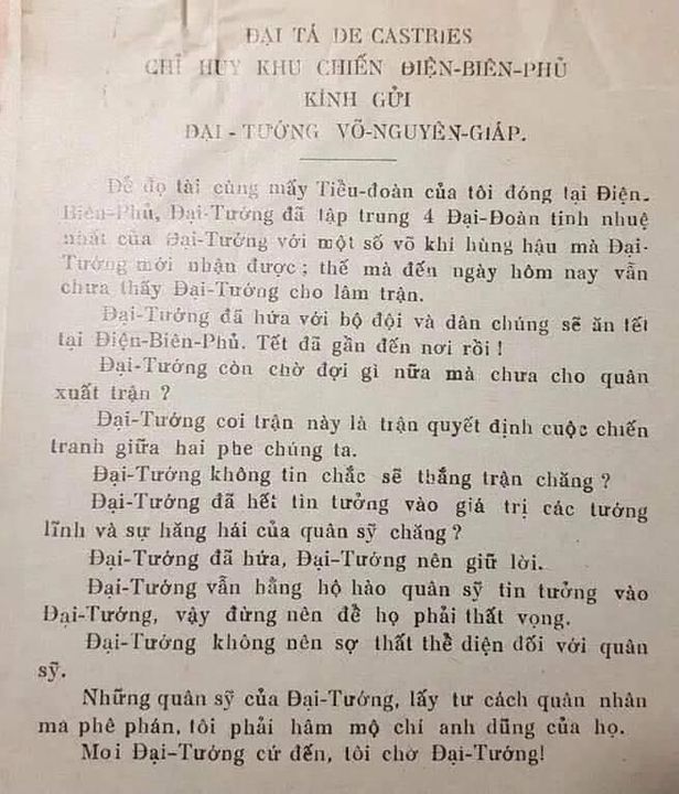 Tờ rải truyền đơn "khiêu chiến" của Henri Navarre gửi tới Đại tướng Võ Nguyên Giáp