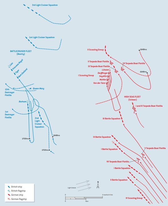 Giai đoạn rút lui về phía bắc từ 16 giờ 40 phút đến 17 giờ 45 phút, khi hạm đội thiết giáp tuần dương Anh đối đầu với toàn bộ Hạm đội Biển khơi của Đức đang đi lên từ phía nam