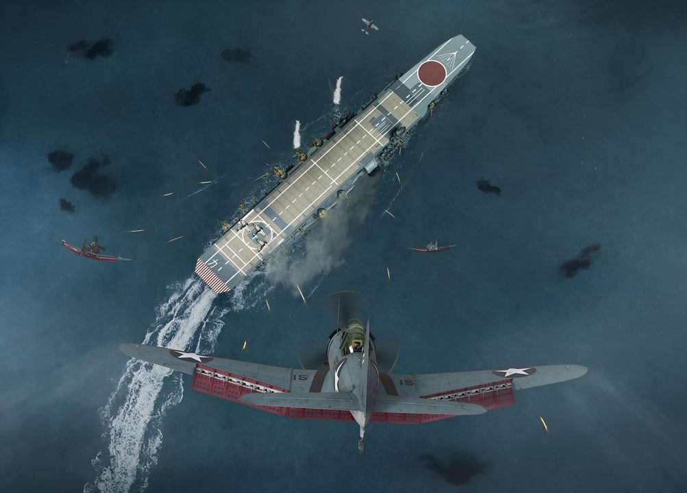 Tiếp cận từ phía tây nam lúc 10 giờ 22 phút, McClusky đối mặt với hai tàu sân bay ngay trước mặt. Theo học thuyết, khi có hai mục tiêu, phi đội dẫn đầu sẽ tấn công mục tiêu xa hơn và phi đội phía sau sẽ tấn công mục tiêu gần hơn. McClusky là một phi công tiêm kích vừa chuyển sang máy bay ném bom bổ nhào. Hoặc là ông không biết về học thuyết này, hoặc quên nó đi trong lúc căng thẳng. Nên ông đã ra lệnh qua radio cho phi đội của Gallaher tấn công tàu sân bay gần nhất (Kaga) và cho Best tấn công tàu sân bay ở xa hơn (Akagi). Vì điều này trái với học thuyết, nên kết quả là gây ra sự nhầm lẫn. Best đã quyết định tuân thủ học thuyết và tấn công Kaga; trong khi đó, McClusky lại quyết định dẫn bộ chỉ huy gồm ba máy bay của mình và cùng tập trung vào Kaga. Nếu không có gì thay đổi, tất cả 31 chiếc Dauntless sẽ cùng nhắm vào một mục tiêu. Thật khó tin, không một quan sát viên Nhật nào phát hiện ra sự tiếp cận của McClusky qua những đám mây rải trong khu vực. Điều này, cùng với sự tập trung hoàn toàn vào cuộc đối đầu đang diễn ra với VT-3, đã tạo ra kịch bản tốt nhất có thể cho McClusky. Phần lớn các chiếc Zero vẫn đang ở khu vực đông nam đối phó với các máy bay Devastator và Wildcat của Yorktown. Không có radar, người Nhật hoàn toàn phụ thuộc vào các lính canh để cảnh báo về các mối đe dọa sắp tới. Chỉ đến khi quá muộn, người Nhật mới cuối cùng phát hiện ra máy bay của McClusky. Lúc 10 giờ 19 phút, một lính canh trên Hiryu phát hiện ra các máy bay ném bom bổ nhào phía trên Kaga. Ngay sau đó, các quan sát viên trên Kaga cũng thoáng thấy mối đe dọa từ trên cao. Các tổ pháo Type 89 trên tàu sân bay ngay lập tức nâng vũ khí và khai hỏa. Thuyền trưởng của Kaga cũng kịp thời cho tàu quay gấp sang mạn phải. Sự thất bại hoàn toàn của hệ thống phòng không Kido Butai sắp dẫn đến hậu quả khủng khiếp. Theo sau McClusky và hai phi đội trưởng của ông, Gallaher và các phi công VS-6 của ông bắt đầu cú bổ nhào từ độ cao khoảng 20.000 feet, lướt qua Best và VB-6 trên đường xuống. Mỗi chiếc Dauntless của VS-6 mang một quả bom 500 pound ở đường trung tâm, và hầu hết đều mang thêm hai quả bom 100 pound ở trên cánh. Ba máy bay đầu tiên ( thuộc bộ chỉ huy của McClusky) đã thả bom trượt do Kaga quay gấp, và bom của chúng phát nổ vô hại xung quanh tàu sân bay. Gallaher ở chiếc máy bay thứ tư thực hiện cú bổ nhào và ông đã ghi phát trúng đầu tiên vào Kaga. Quả bom trúng gần thang nâng phía sau ở mạn phải. Nó phát nổ trong khu vực chỗ ở của thủy thủ bên cạnh boong chứa máy bay phía trên. Hai chiếc Dauntless tiếp theo cũng thả bom trượt, với một chiếc bị trúng hỏa lực phòng không và lao xuống biển. Hai chiếc tiếp theo ghi phát trúng trực tiếp – một quả phía trước và một quả trúng vào đảo chỉ huy. Quả bom trúng đảo đã xóa sổ toàn bộ ban chỉ huy cấp cao của Kaga. Cả thuyền trưởng, sĩ quan điều hành, sĩ quan pháo binh chính, sĩ quan hàng hải và sĩ quan thông tin của tàu đều thiệt mạng. Trong 8 chiếc máy bay tấn công đầu tiên, ba chiếc ghi phát trúng trực tiếp. Phân đội 2 của VS-6 đã ghi thêm ít nhất một phát trúng nữa, lần này là ở giữa tàu. Cuộc tấn công tiếp theo là 10 chiếc Dauntless của VB-6 với bom 1.000 pound. Quan sát thành quả của phi đội của mình từ độ cao 12.000 feet, Best đã nhận xét, "Họ đánh trúng từ mũi đến đuôi." Thach cũng ở gần đó và nói thêm, "Tôi chưa bao giờ thấy kỹ thuật ném bom bổ nhào xuất sắc như vậy. Đối với tôi, có vẻ như gần như mọi quả bom đều trúng đích." Trong khi nhiều quả bom 1.000 pound góp phần vào sự hủy diệt trên Kaga, tổng số phát trúng cuối cùng vẫn không rõ ràng. (Tranh của Stefan Draminski)