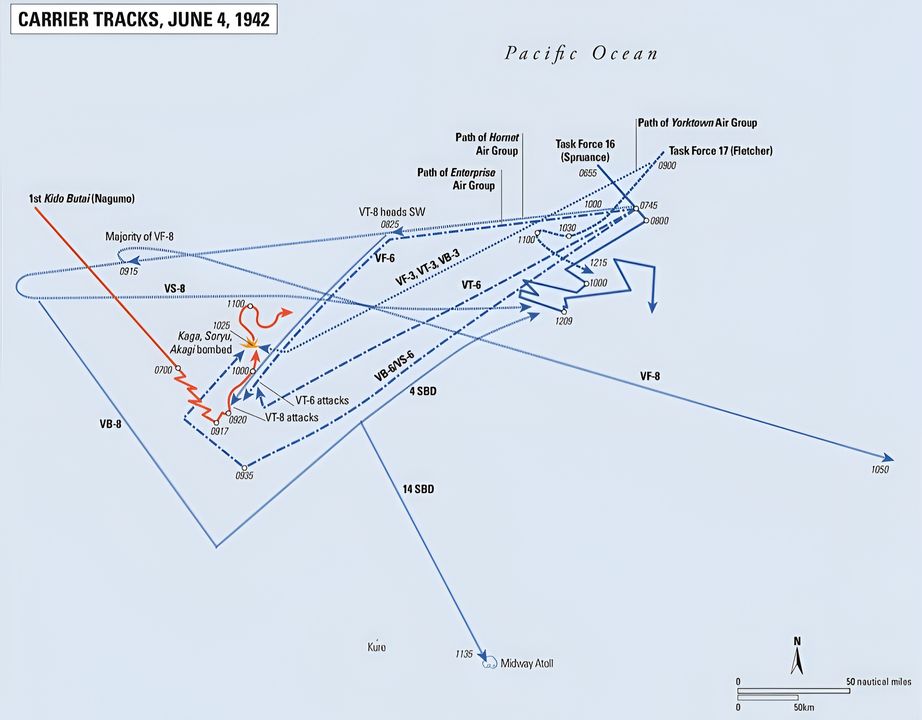 Lộ trình của các phi đội tàu sân bay Mỹ trong buổi sáng ngày 4 tháng 6.