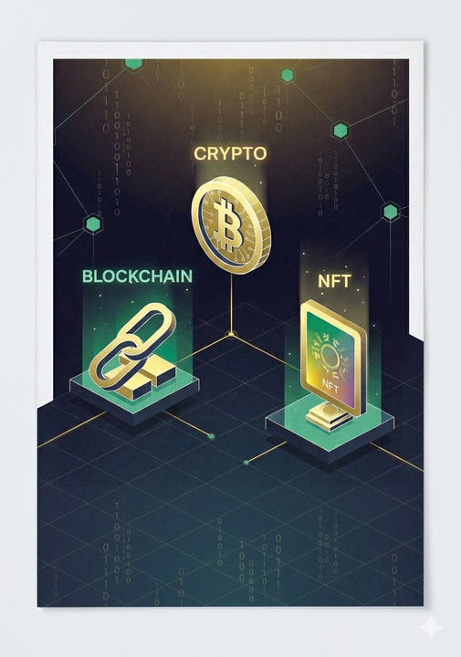     <i>Ảnh minh họa về mối quan hê giữa blockchain – crypto – nft</i><i></i>