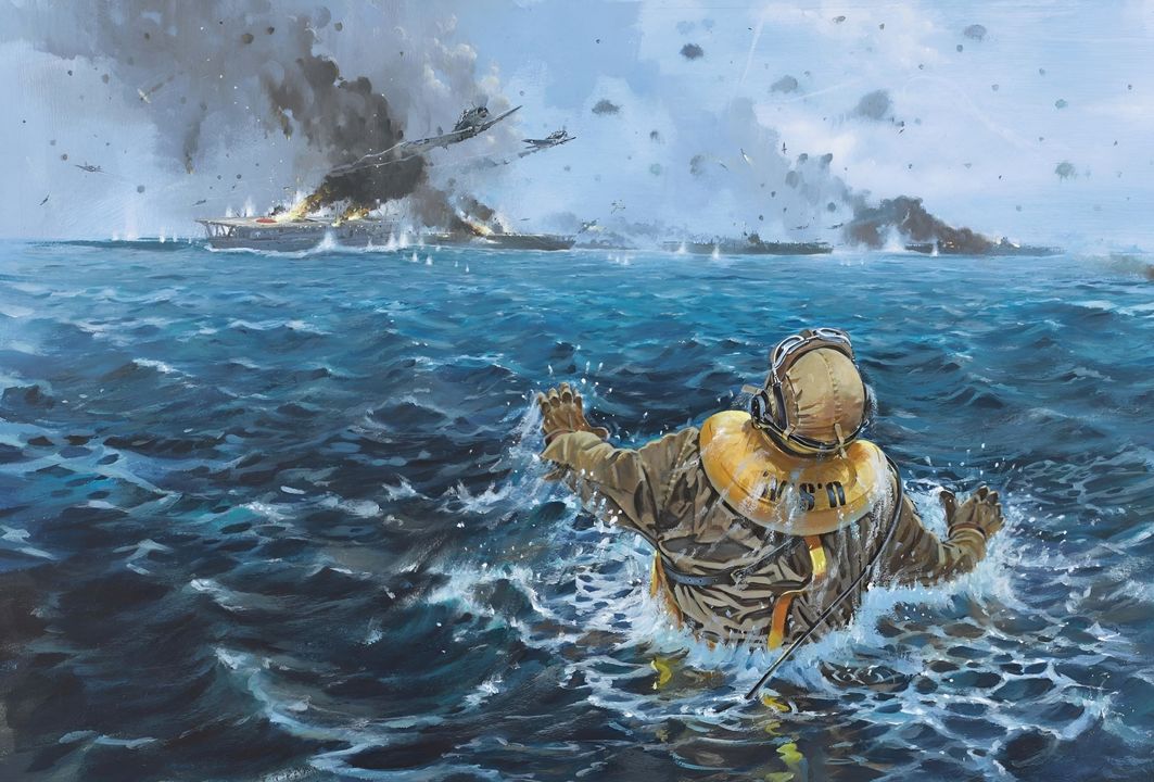 Khung cảnh nhìn từ một phi công hải quân Mỹ bị bắn rơi, cho thấy sự tàn phá khủng khiếp của lực lượng tàu sân bay Nhật Bản vào khoảng 10 giờ 35 phút sáng ngày 4 tháng 6 năm 1942. Đây là thời điểm ngay sau khi các máy bay ném bom bổ nhào của Mỹ đã thiêu rụi ba tàu sân bay Nhật, và giữa lúc đợt tấn công bằng ngư lôi đang diễn ra nhằm vào chiếc thứ tư là Hiryū. Vào sáng ngày 4 tháng 6 năm 1942, trong khi không đoàn của Hornet và Enterprise đã tan rã hoàn toàn, không đoàn của Yorktown vẫn giữ được sự phối hợp lỏng lẻo nhưng hiệu quả nhất trong ngày định mệnh ấy. Từ 10 giờ đến 10 giờ 30 phút, 12 chiếc Devastator của VT-3 do Trung tá Lance Massey chỉ huy, được 6 chiếc Wildcat của Jimmy Thach hộ tống trực tiếp và phi đội SBD của Leslie yểm trợ trên cao, đã lao vào Kido Butai từ phía tây nam. Người Nhật chỉ nhìn thấy máy bay ném ngư lôi, và hoàn toàn bỏ sót các máy bay ném bom bổ nhào ở phía trên. Phần lớn các Zero vẫn đang ở độ cao thấp sau khi tiêu diệt VT-8 và VT-6. Massey nhắm vào Soryu trước, sau chuyển hướng sang Hiryū. Ngay lập tức có 15–20 chiếc Zero đổ xuống tấn công. Lần đầu tiên trong trận chiến, Thach áp dụng chiến thuật “Thach Weave” nổi tiếng: 6 chiếc Wildcat dù bị áp đảo số lượng vẫn cầm cự được gần 25 phút, bắn rơi 6 chiếc Zero (riêng Thach hạ được 3 chiếc) và chỉ mất 1 máy bay, giúp VT-3 chỉ mất 1 chiếc Devastator trước khi vào vị trí phóng ngư lôi. Đến 10 giờ 20 phút, các Zero mới từ Hiryū và Soryu tách được những chiếc Wildcat ra ngoài. Massey bị bắn rơi đầu tiên. Chỉ còn 5 chiếc Devastator tiếp cận được Hiryū ở cự ly 600–800 yard, nhưng góc tấn công lại quá xấu; cả 5 quả ngư lôi đều bắn trượt hoặc hỏng. Trong vài phút tiếp theo, 10 trong số 12 chiếc Devastator bị tiêu diệt tại chỗ hoặc trên đường rút lui, 2 chiếc cuối cùng phải hạ cánh khẩn xuống biển. (Tranh của Howard Gerrard)
