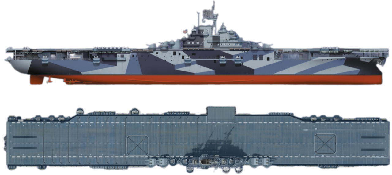 Những hình minh họa này mô tả tàu sân bay lớp Essex USS Intrepid (CV-11) như nó xuất hiện vào ngày 25 tháng 11 năm 1944, khi con tàu lần đầu tiên bị kamikaze đánh trúng trong số nhiều lần sau đó. Intrepid kết thúc chiến tranh với sự “vinh dự đáng ngờ” là tàu sân bay Hải quân Mỹ phải hứng chịu nhiều cuộc tấn công kamikaze nhất. Con tàu được sơn bằng kiểu ngụy trang độc đáo MS-32/3A dazzle, được Hải quân Mỹ áp dụng sau các nghiên cứu của Phòng Thí nghiệm Nghiên cứu Hải quân. Sử dụng sự pha trộn các họa tiết gây chói mắt trên những bề mặt thẳng đứng với các màu Light Gray (xám nhạt), Ocean Gray (xám biển) và Dull Black (đen xỉn), sơ đồ dazzle được áp dụng nhằm khiến kẻ địch khó ước lượng hướng đi, tốc độ và tầm xa của tàu. Mỗi tàu cũng có hoa văn dazzle riêng biệt để khiến đối phương khó nhận diện các lớp tàu khác nhau.