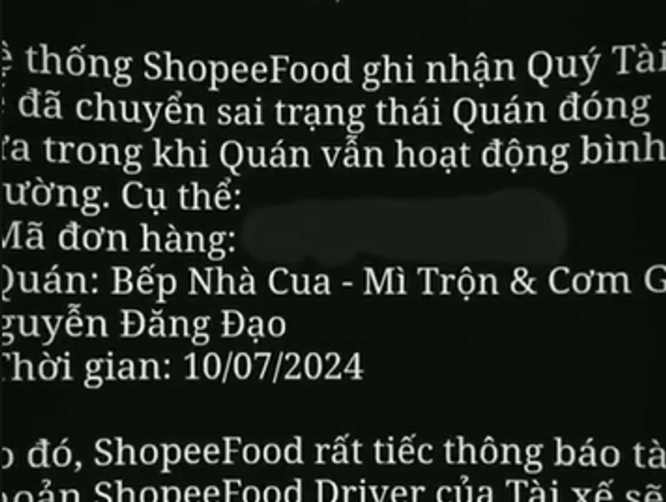 Bị đình chỉ một tuần Shopeefood.