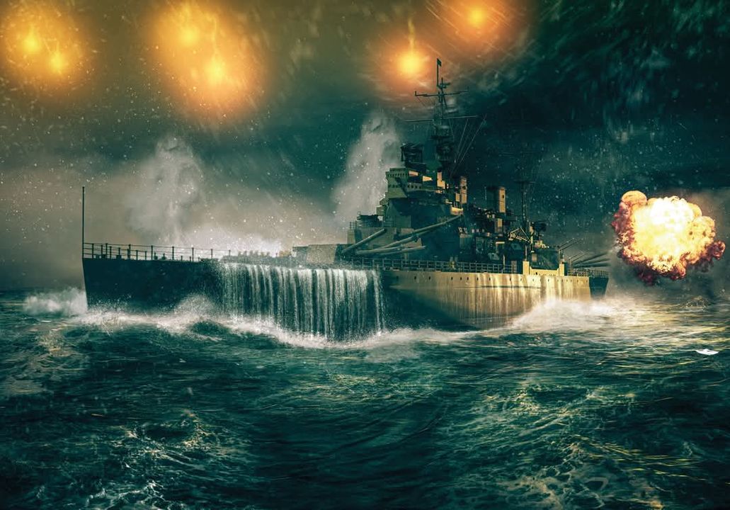 HMS Duke of York trong Trận chiến Mũi Bắc, ngày 26 tháng 12 năm 1943. Sau khi phát hiện Scharnhorst bằng radar, soái hạm Duke of York của Đô đốc Fraser đã rút ngắn khoảng cách. Vào lúc 16 giờ 47 phút, một quả pháo sáng chiếu sáng mục tiêu, và bốn phút sau, thiết giáp hạm Anh đã bắn loạt đạn đầu tiên của mình ở khoảng cách chỉ 6 dặm. Scharnhorst bị trúng đạn, và nhiều quả đạn khác đã bắn trúng thiết giáp hạm Đức khi nó quay đi. Scharnhorst bắt đầu bắn trả, và loạt đạn thứ ba của nó đã bao vây Duke of York khi mục tiêu của họ được chiếu sáng bằng pháo sáng. Tuy nhiên, lợi thế thuộc về người Anh, vì nhờ đêm tối, biển động và tầm nhìn kém, các pháo thủ Đức gặp khó khăn trong việc xác định tầm bắn vào mục tiêu của họ. Ngược lại, các pháo thủ của Duke of York có thể dựa vào radar điều khiển hỏa lực của họ để nhắm mục tiêu chính xác vào đối thủ Đức. Sau một cuộc đấu không cân sức kéo dài khoảng ba giờ, Scharnhorst đã bị đánh tan tành và sau đó bị kết liễu bằng ngư lôi. (Tranh của Ian Palmer)