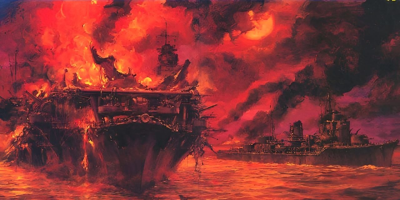 Bức tranh vẽ tàu sân bay IJN Hiryū bốc cháy không kiểm soát sau khi bị trúng 4 quả bom 1.000 pound thả từ máy bay ném bom bổ nhào SBD Dauntless vào buổi chiều ngày 4 tháng 6. Con tàu bên phải là tàu khu trục lớp Yūgumo, nhiều khả năng là tàu Makigumo đang lại gần để tìm cách dập lửa và giải cứu thủy thủ đoàn của con tàu. (Tranh của Carter Kaplan).