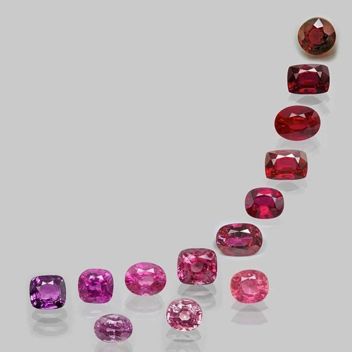Hình 3: Dải màu của corundum mang crom từ ruby ​​đỏ đến sapphire hồng và tím. Xin lưu ý rằng màu sắc của ảnh in có thể không giống với màu của chính những viên đá. (Điều tương tự cũng áp dụng cho các số liệu khác). Ảnh: MS Krzemnicki, SSEF.