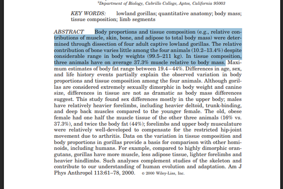 Cơ bắp của khỉ đột. Nguồn : <a href="https://apeanatomyevolution.com/wp-content/uploads/2019/03/2000-AJPA-gorillas.pdf">Body mass in Lowland Gorillas: a quantitative analysis</a>. Được viết bởi Adrienne Zihlman và Robin Mcfarland.