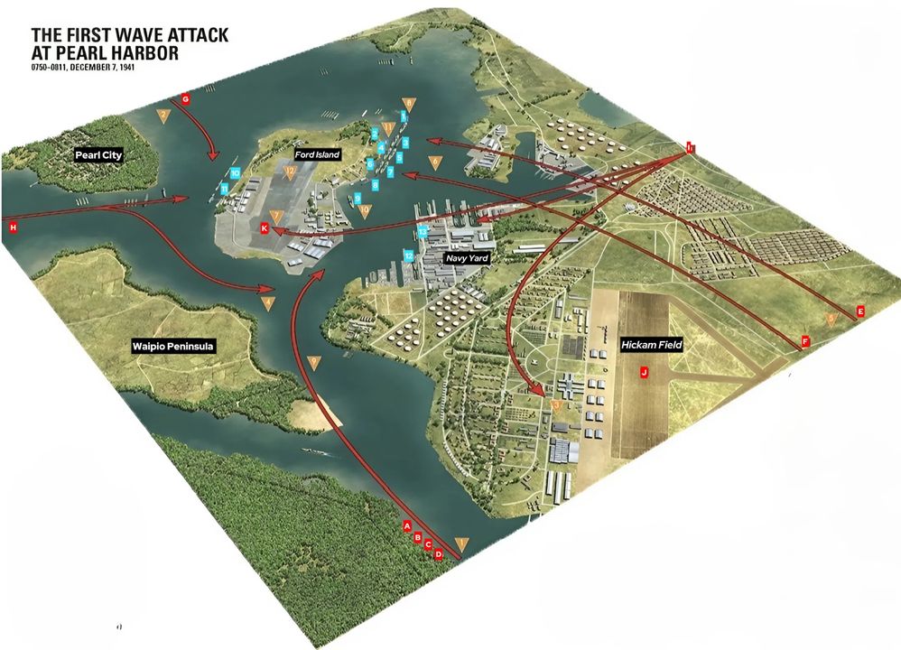 Bản đồ về đợt tấn công thứ nhất vào Trân Châu Cảng từ lúc 07 giờ 50 phút - 08 giờ 11 phút.