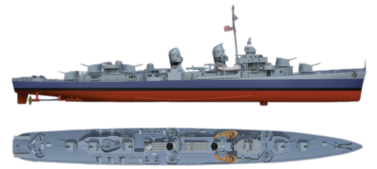 Những hình minh họa này cho thấy một tàu khu trục lớp Fletcher trong cấu hình điển hình năm 1944. Chú ý dàn hỏa lực phòng không mạnh mẽ gồm năm khẩu pháo đơn 5 inch/38 cùng với nhiều giá lắp pháo 20mm và 40mm. Hải quân Mỹ đã biên chế 175 tàu khu trục lớp Fletcher trong giai đoạn từ 1942 đến 1944 và 19 chiếc đã bị mất trong Thế chiến II. Trong số này, 12 chiếc bị kamikaze đánh chìm, sáu chiếc khác bị hư hại nặng đến mức không được sửa chữa. Chín tàu khu trục lớp Fletcher bị hư hại nghiêm trọng bởi kamikaze trong chiến dịch Okinawa.