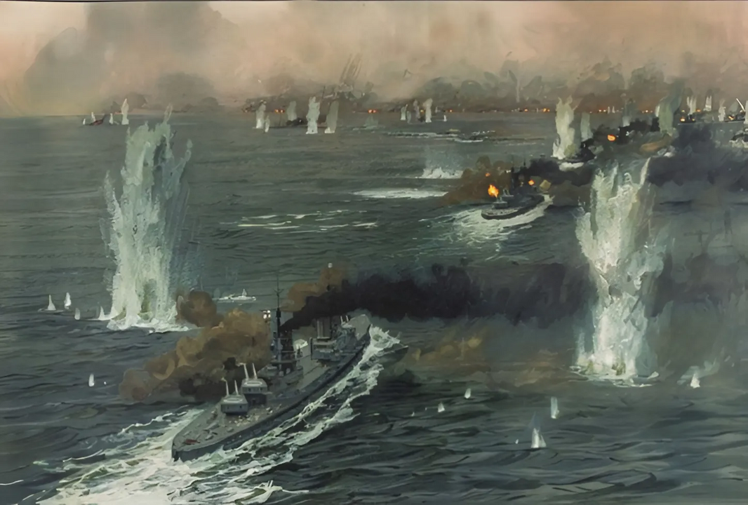 Đây là hình ảnh mô tả về cuộc tiến quân của Scheer về phía chiến tuyến của quân Anh trong cuộc đụng độ lần thứ hai. Nó có phần được cách điệu, nhưng vẫn mô tả khá chính xác. Bức tranh đã mô tả khá chính xác chiến tuyến hạm của quân Anh. Không thể nhìn thấy bất cứ thứ gì ngoài những tia lửa súng của họ dọc theo đường chân trời xa xôi. (Claus Bergen)