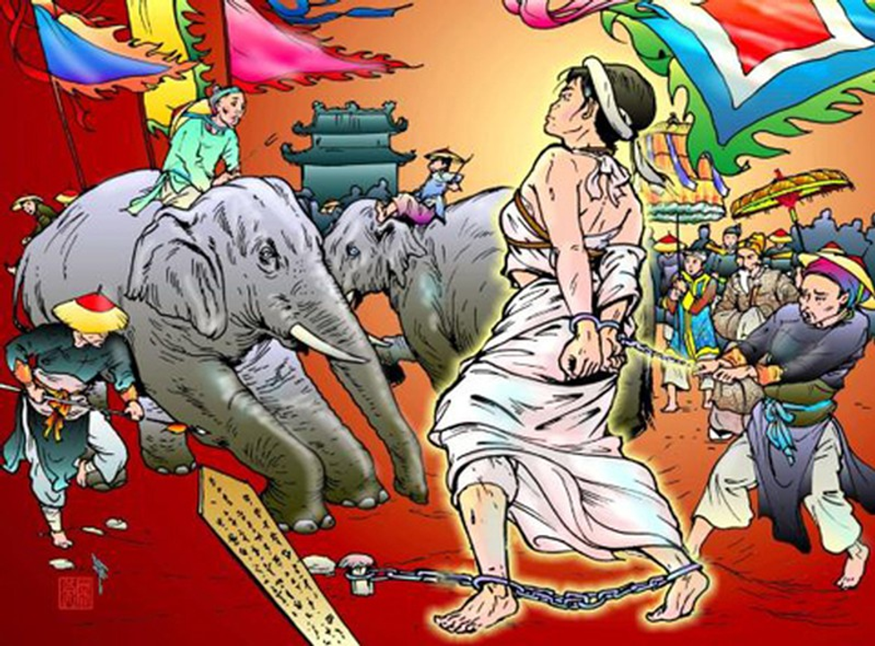 Tranh vẽ nữ tướng Bùi Thị Xuân bị voi giày