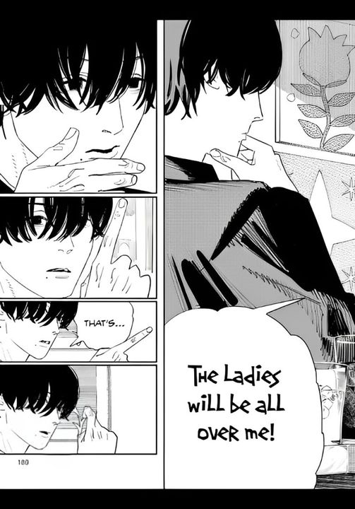 Biểu cảm của nhân vật tóc đen (Yoshida) được thể hiện trong 4 khung truyện, không 1 lời thoại. Thể hiện sự khó hiểu, cạn lời của anh với Denji 