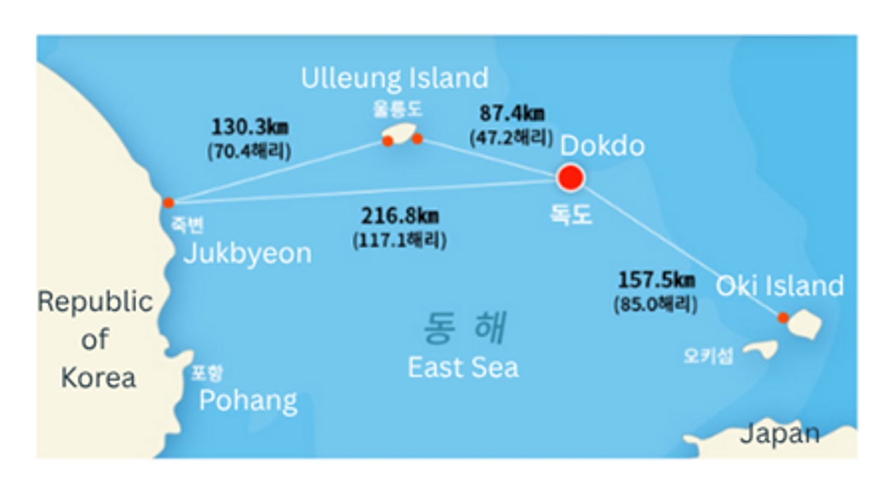 Về mặt địa lý, Dokdo là lãnh thổ ở cực Đông nhất của Hàn Quốc, là nơi đón ánh bình minh đầu tiên của đất nước. Nó nằm cách ‘đảo mẹ’ Ulleungdo 87.4 km về phía Đông Nam. Đây là hòn đảo có người dân sinh sống gần Dokdo nhất. Mọi hoạt động hậu cần, hành chính và cuộc sống liên quan đến Dokdo đều bắt đầu từ đây. Vào những ngày trời trong, từ Ulleungdo có thể nhìn thấy Dokdo bằng mắt thường, còn từ đảo Oki không thể nhìn thấy.
<i>Nguồn: Hệ thống Thông tin Tổng hợp Dokdo (독도종합정보시스템)</i>