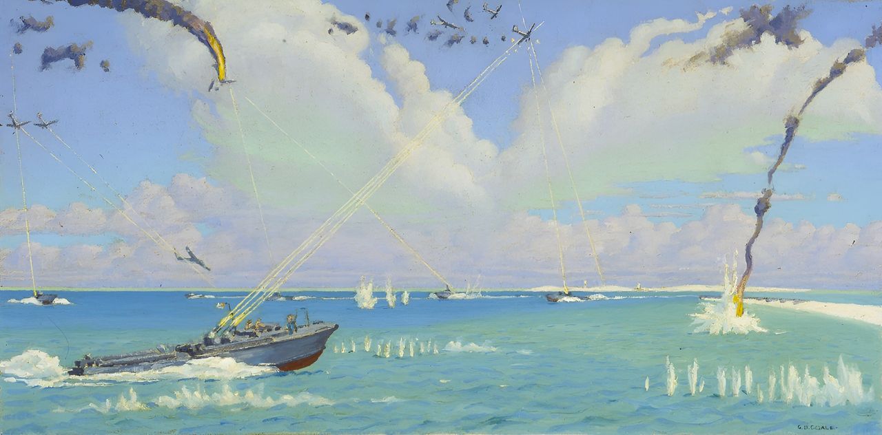 Trên mặt nước đầy màu sắc của đầm phá ở Midway, những chiếc tàu tuần tra phóng lôi đang lướt đi, lướt qua chỗ này, né tránh chỗ kia, luồn lách giữa những hàng súng máy, liên tục bắn hai khẩu súng cỡ nòng 0,50 inch vào các máy bay Zero (Tranh của Griffith Baily Coale)