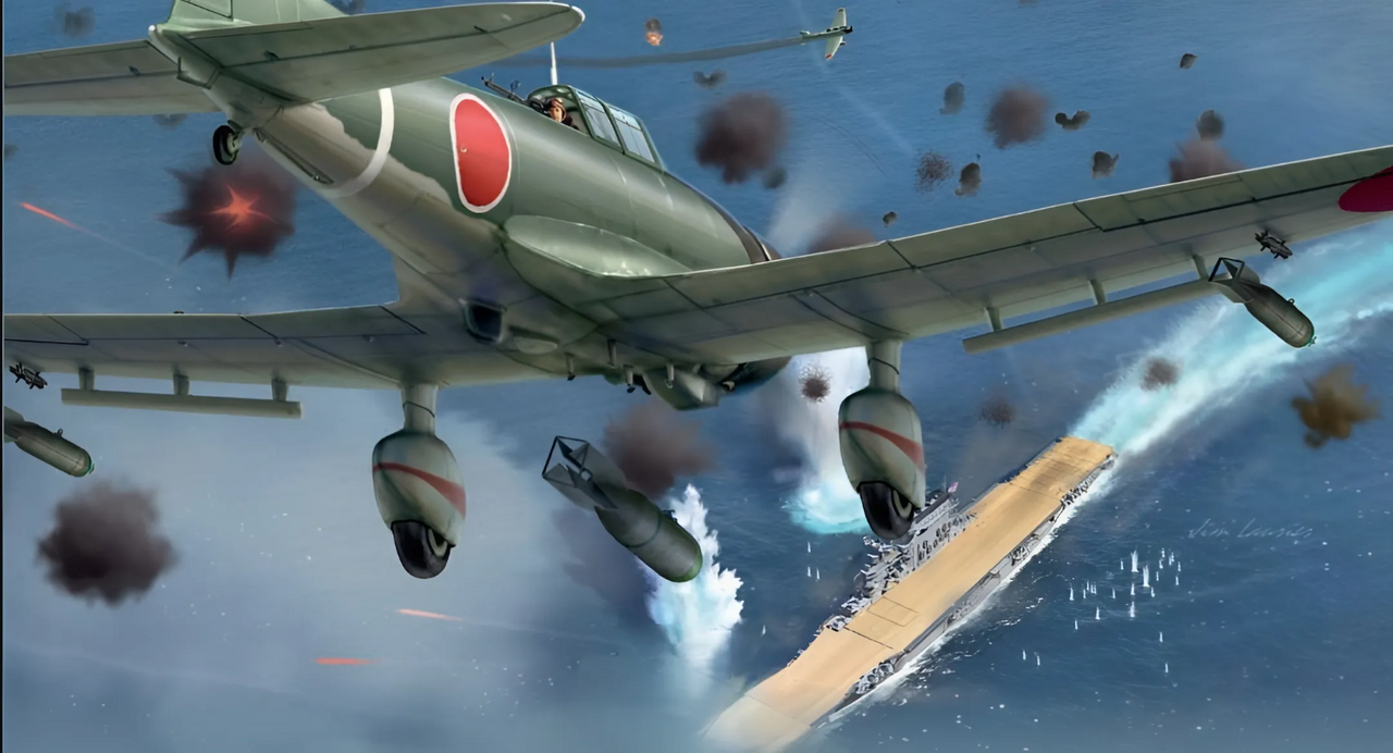 Ngày 8 tháng 5 năm 1942, trong Trận chiến Biển San Hô, 33 chiếc D3A1 “Val” đã tham gia vào một đợt không kích của IJNAF với tổng số 69 máy bay, nhằm tấn công hai tàu sân bay của Lực lượng Đặc nhiệm 17 (Task Force 17) thuộc Hải quân Mỹ. Đợt không kích này được chỉ huy bởi Thiếu tá phi công Kakuichi Takahashi, chỉ huy không đoàn của tàu sân bay Shokaku. Các máy bay Nhật đã tấn công USS Lexington (CV-2) và USS Yorktown (CV-5). Hai tàu sân bay này hoạt động cùng nhau, được hộ tống bởi năm tàu tuần dương hạng nặng và bảy tàu khu trục. Mặc dù có 17 chiếc F4F Wildcat bay tuần tra không chiến trong khu vực, đội hình bổ nhào của Takahashi vẫn có thể chiếm được vị trí thuận lợi từ hướng gió trong khi các máy bay B5N “Kate” mang ngư lôi nhanh chóng bắt đầu cuộc tấn công ở độ cao thấp. Takahashi tự mình dẫn đầu đội hình bổ nhào. Nhóm này bắt đầu bổ nhào vài phút sau khi đợt tấn công bằng ngư lôi diễn ra, nên đòn tấn công của phía Nhật không được phối hợp chặt chẽ. Takahashi điều 19 máy bay bổ nhào từ tàu Shokaku tấn công Lexington, còn 14 chiếc từ Zuikaku tấn công Yorktown. Tất cả 33 chiếc D3A1 đều có thể thả bom, bắt đầu bổ nhào từ độ cao 14.000 feet, mà không gặp sự cản trở nào từ máy bay tiêm kích. Tuy nhiên, kết quả mang lại rất đáng thất vọng đối với phía Nhật: mặc dù cả hai tàu sân bay bị bao phủ bởi vô số cột nước từ các quả bom rơi trượt, chỉ có ba quả bom trúng đích, và thiệt hại gây ra không lớn. Lý do duy nhất có thể lý giải cho sự kém hiệu quả này là "lưới lửa" phòng không cực kỳ dữ dội từ phía Mỹ — Lexington được trang bị 12 khẩu pháo 5 inch/38, 11 bệ pháo 1.1 inch bốn nòng, cùng nhiều khẩu súng phòng không 20mm đơn nòng. (Tranh của Jim Laurier)