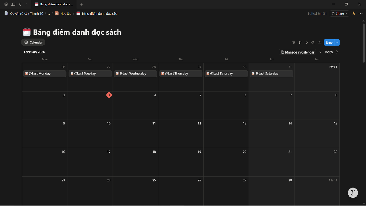 Bảng điểm danh khi mình đọc sách ở Areas