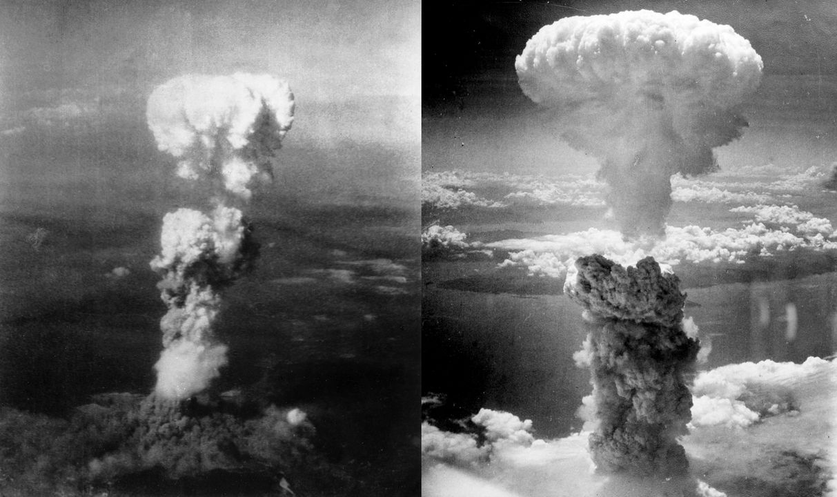 Hình ảnh đám mây phóng xạ phát ra do bom nguyên tử nổ tại Hiroshima và Nagasaki