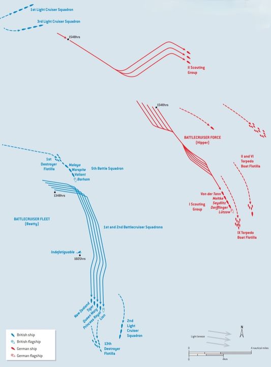 Giai đoạn hai hạm đội thiết giáp tuần dương Anh (màu xanh) và Đức (màu đỏ) di chuyển xuống phía nam, từ 15 giờ 45 phút đến 16 giờ 40 phút