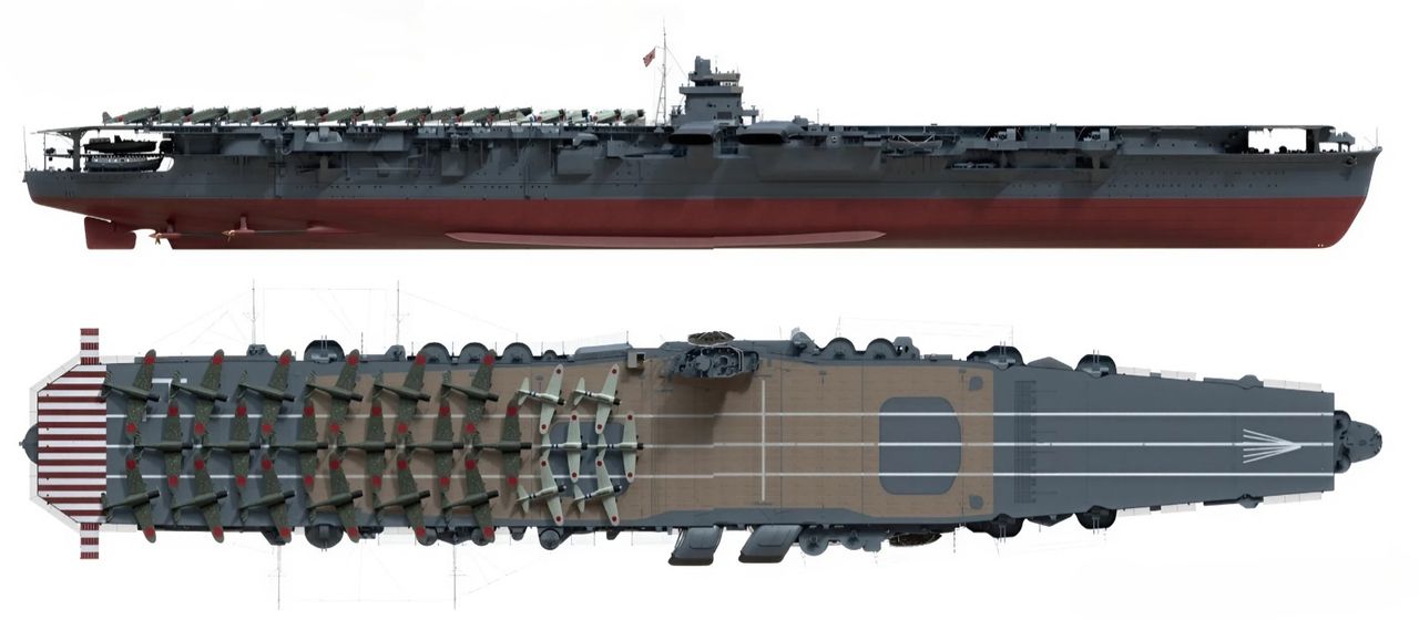 Hirỹu trong đợt tấn công đầu tiên vào Trân Châu Cảng. Trên sàn bay của nó lúc này có 6 chiếc Mitsubishi A6M2b, 8 chiếc Nakajima B5N2 mang ngư lôi, 10 chiếc Nakajima B5N2 mang bom xuyên giáp. Cáp khử từ đã được lắp đặt dọc theo hai bên thân tàu; võng xếp được sử dụng như lớp bảo vệ bổ sung cho cấu trúc thượng tầng, và máy nạp đạn tập bắn 12,7cm đã bị tháo bỏ khỏi đuôi tàu.